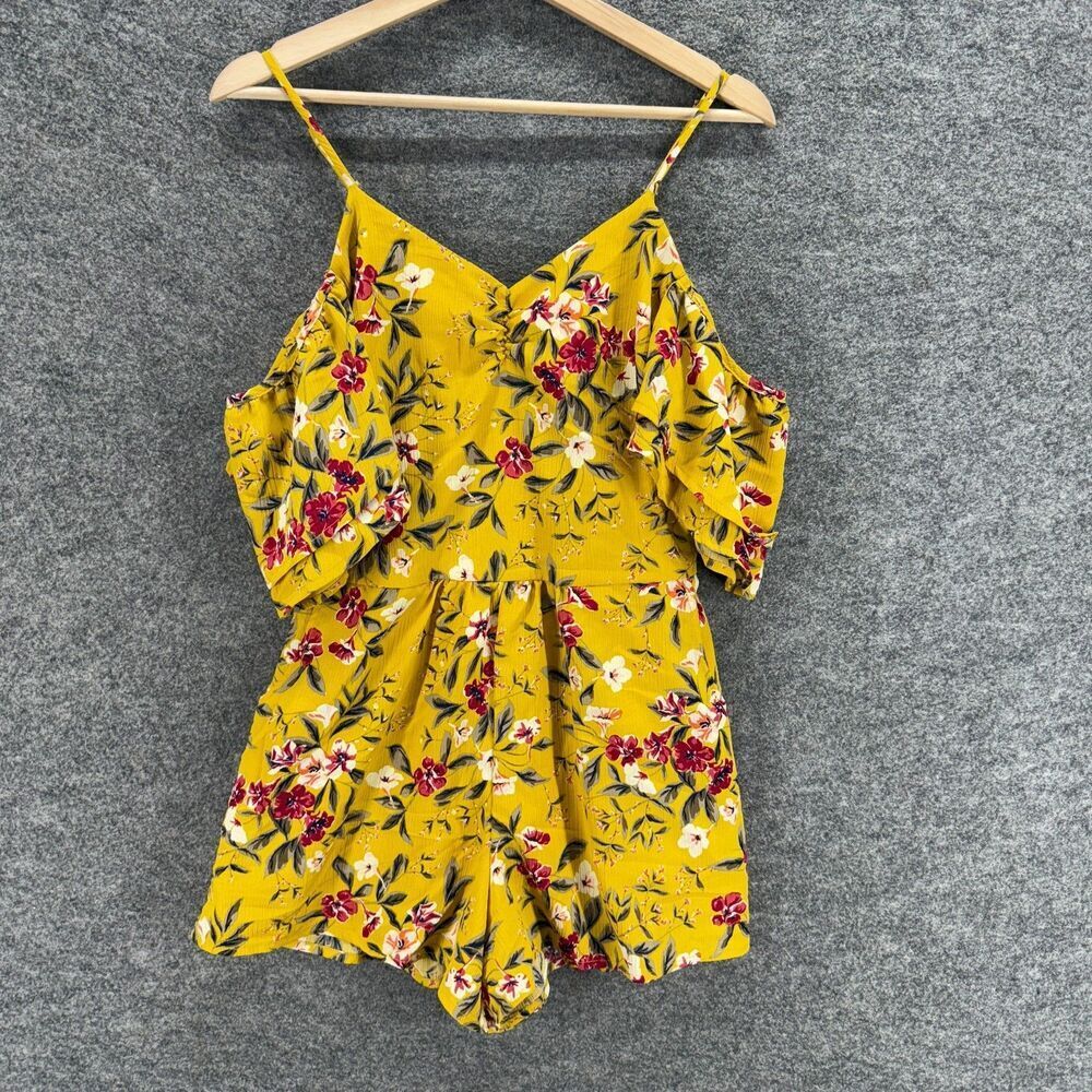 Xhilaration Jumpsuit Women S Small Yellow Floral V-Neck Cold Shoulder Lined